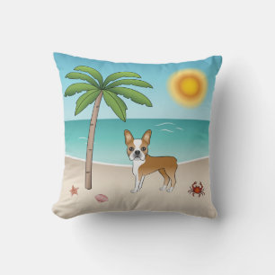 Fawn Boston Terrier At A Tropical Summer Beach Cushion