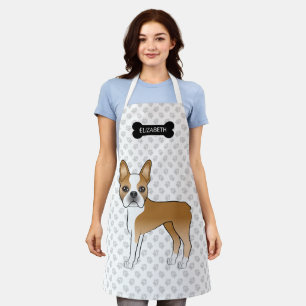 Fawn Boston Terrier Cartoon Dog & Bone, Paws, Name Apron
