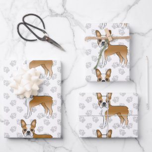 Fawn Boston Terrier Cartoon Dogs & Paws Pattern Wrapping Paper Sheet