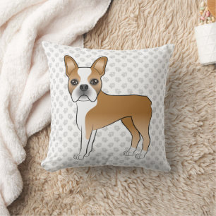 Fawn Boston Terrier Cute Cartoon Dog & Grey Paws Cushion