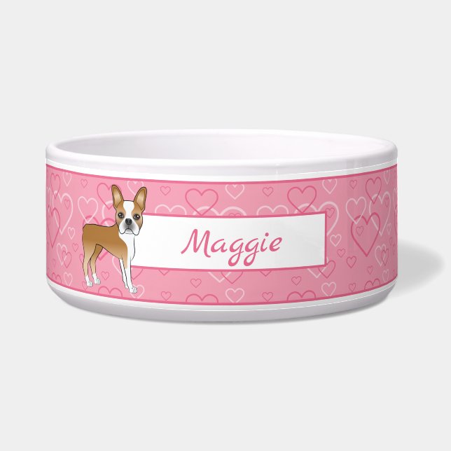 Fawn Boston Terrier Dog On Pink Hearts And Name (Front)
