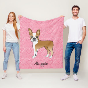 Fawn Boston Terrier Dog On Pink Hearts And Name Fleece Blanket