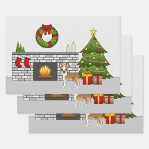 Fawn Boston Terrier In A Festive Christmas Room Wrapping Paper Sheet