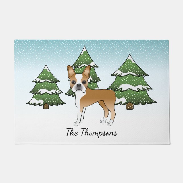 Fawn Boston Terrier In A Winter Forest & Name Doormat (Front)