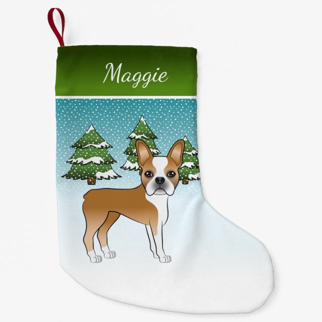 Fawn Boston Terrier In A Winter Forest & Name Small Christmas Stocking (Front)