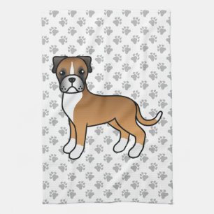 Fawn Boxer Cute Cartoon Dog & Paws Tea Towel