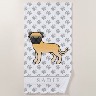 Fawn Bullmastiff Cute Cartoon Dog & Name Beach Towel