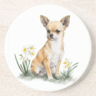 Fawn Chihuahua Floral Watercolor Art Coaster