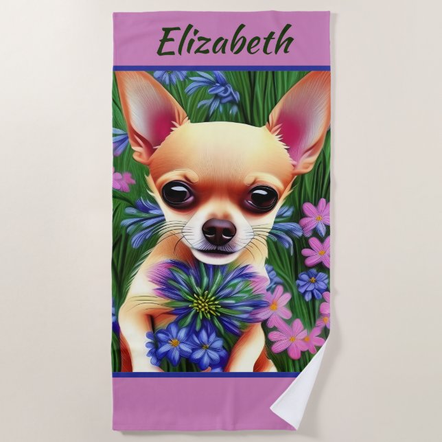 Fawn Chihuahua Puppy in Flower Meadow Personalised Beach Towel (Front)