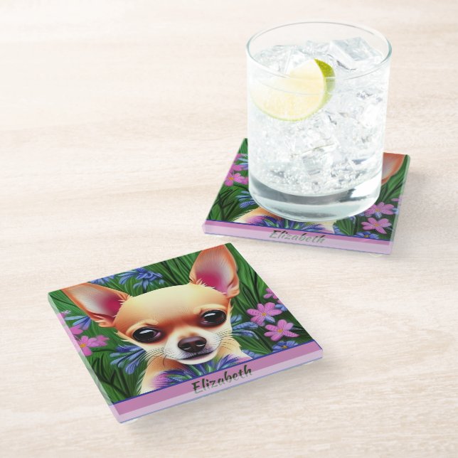 Fawn Chihuahua Puppy in Flower Meadow Personalised Glass Coaster (Angled)