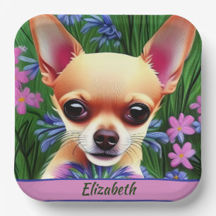 Fawn Chihuahua Puppy in Flower Meadow Personalised Paper Plate