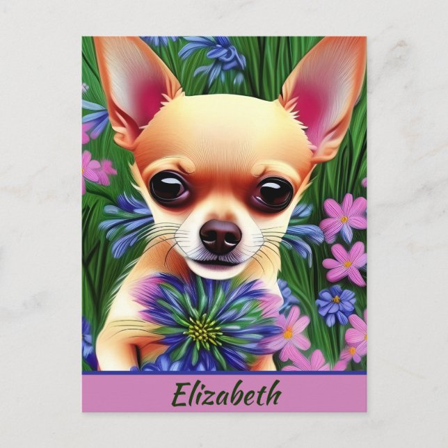 Fawn Chihuahua Puppy in Flower Meadow Personalised Postcard (Front)