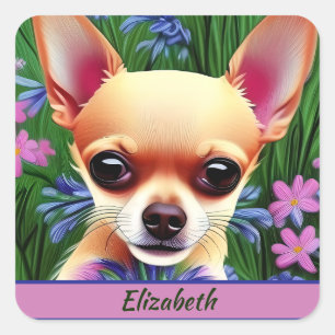 Fawn Chihuahua Puppy in Flower Meadow Personalised Square Sticker
