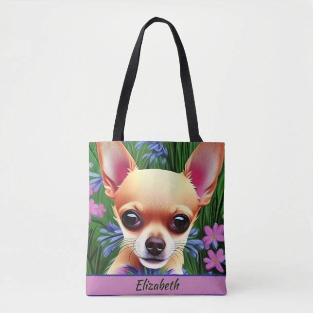 Fawn Chihuahua Puppy in Flower Meadow Personalised Tote Bag (Front)