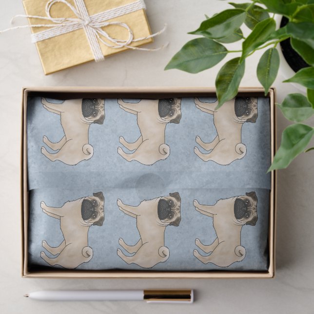 Fawn Colour Pug Mops Dog Breed Pattern On Blue Tissue Paper (Gift)