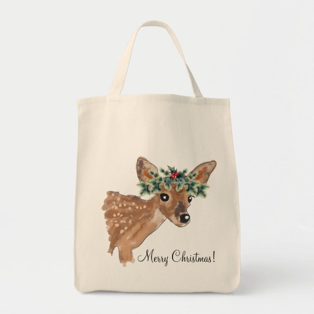 Fawn Deer Holiday Tote Bag (Front)