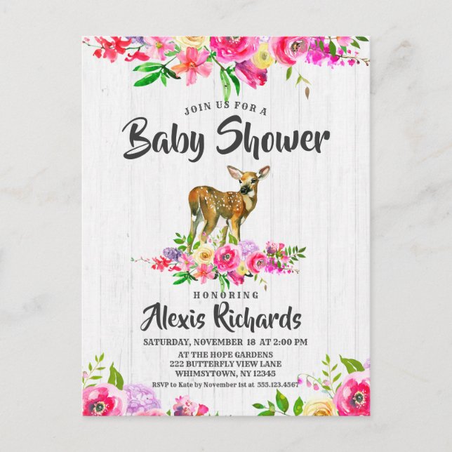 Fawn Deer Watercolor Floral Baby Shower Invitation Postcard (Front)
