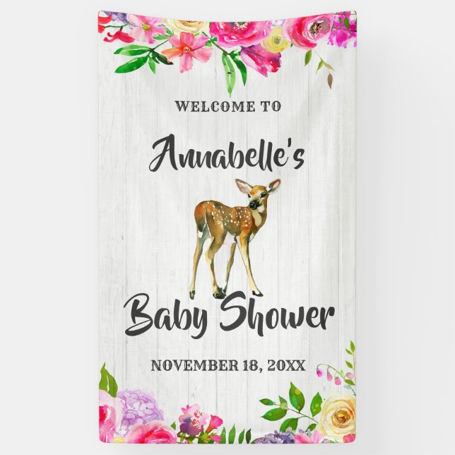 Fawn Deer Watercolor Floral Baby Shower Welcome Banner (Vertical)