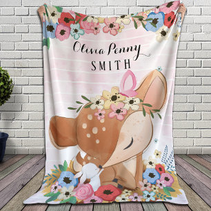 Fawn Deer Watercolor Flowers Pink Stripes + Name Sherpa Blanket