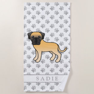 Fawn English Mastiff Cute Cartoon Dog & Name Beach Towel