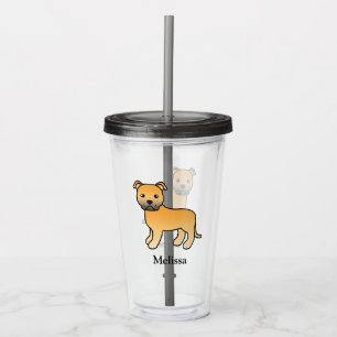 Fawn English Staffie Cute Cartoon Dog & Name Acrylic Tumbler