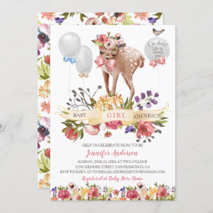 Fawn Flowers Balloons Baby Girl Shower Invitation
