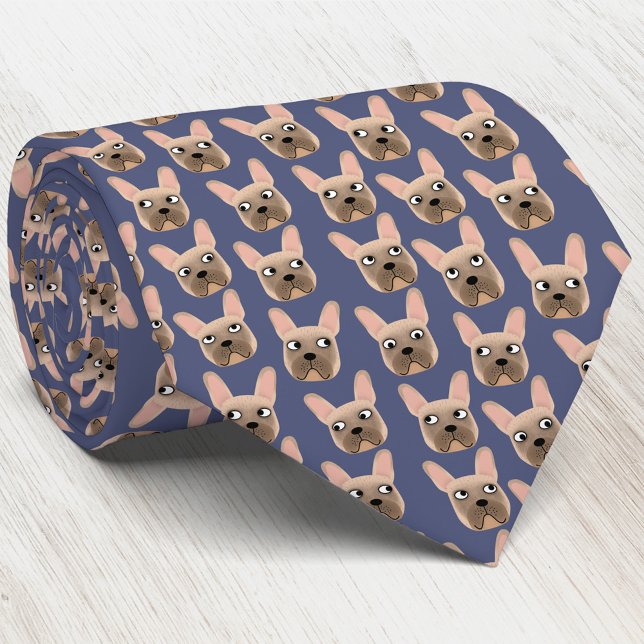 Fawn French Bulldog Blue Neck Tie (Fawn French Bulldog blue dog art neck tie)