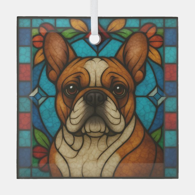 Fawn French Bulldog Dog "Stained Glass" Glass Tree Decoration (Front)
