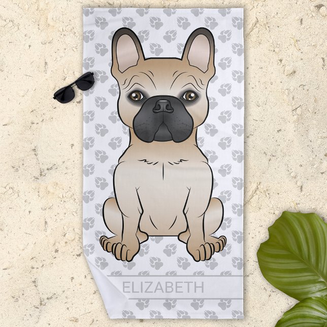 Fawn French Bulldog / Frenchie Cartoon Dog & Name Beach Towel (Creator Uploaded)