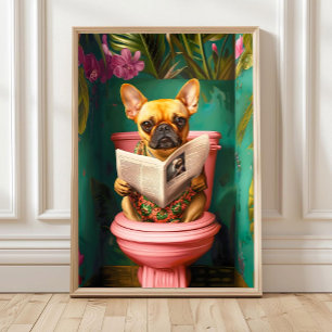Fawn French Bulldog sitting on Toilet Print, Bathr Poster