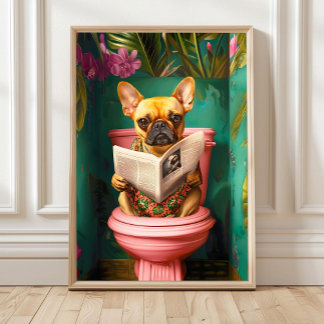 Fawn French Bulldog sitting on Toilet Print, Bathr Poster