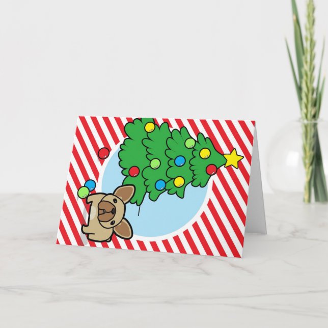 Fawn Frenchie with Christmas Tree on Stripes Holiday Card (Front)