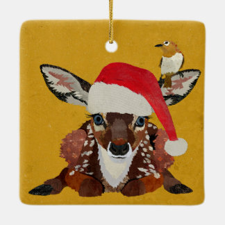 FAWN & GOLDEN BIRD CHRISTMAS CERAMIC ORNAMENT