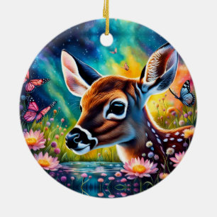 Fawn in Meadow Pond  Ceramic Tree Decoration