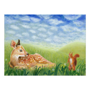 Fawn in the Grass Illustration Nursery Poster