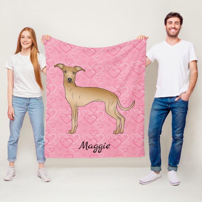 Fawn Italian Greyhound Cute Dog On Pink Hearts Fleece Blanket (In Situ)