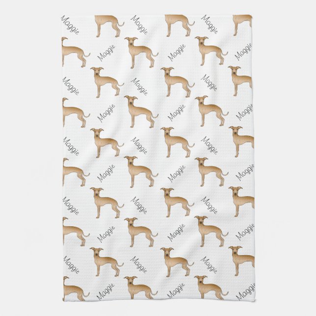 Fawn Italian Greyhound Cute Dog Pattern With Name Tea Towel (Vertical)