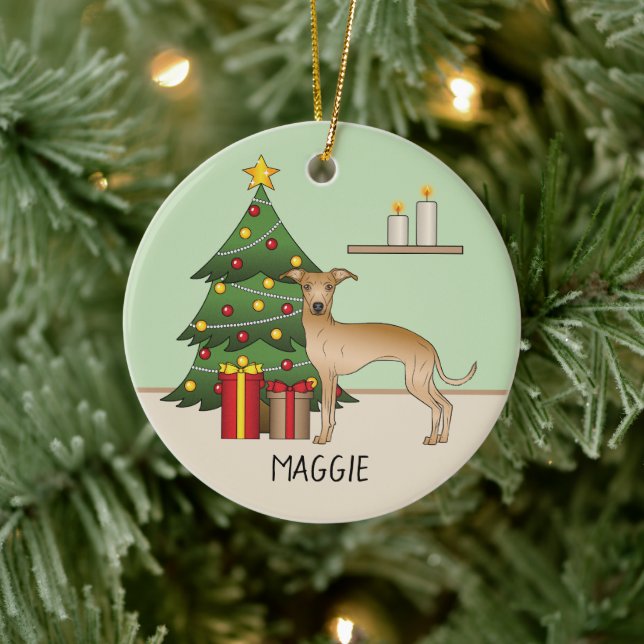 Fawn Italian Greyhound Dog With A Christmas Tree Ceramic Tree Decoration (Tree)