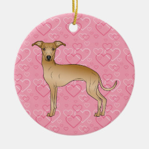 Fawn Italian Greyhound Pink Hearts Pet Memorial Ceramic Tree Decoration
