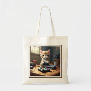 Fawn Kitten Playing Video Games, Tote Bag