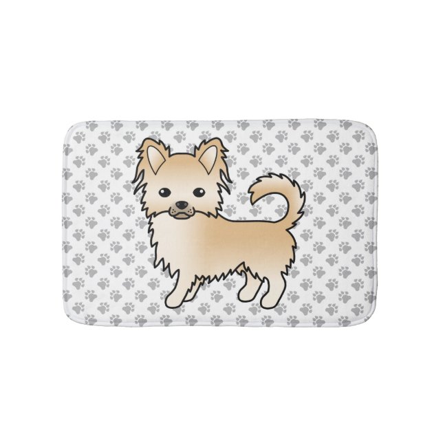 Fawn Long Coat Chihuahua Cartoon Dog & Paws Bath Mat (Front)