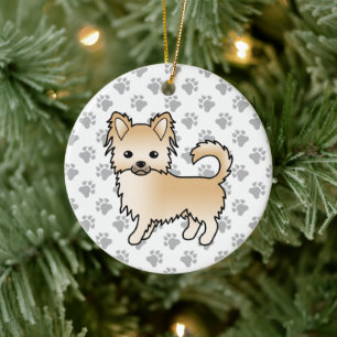Fawn Long Coat Chihuahua Cartoon Dog & Paws Ceramic Tree Decoration