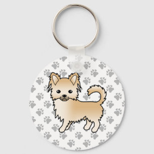Fawn Long Coat Chihuahua Cartoon Dog & Paws Key Ring