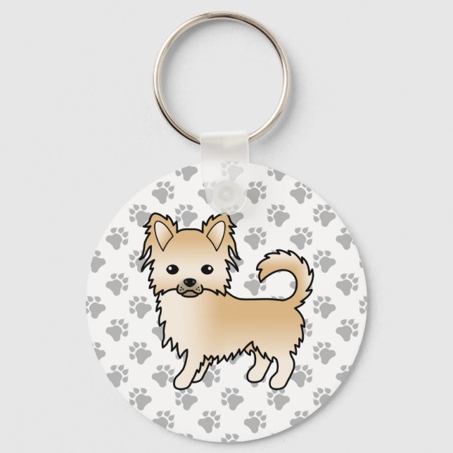 Fawn Long Coat Chihuahua Cartoon Dog & Paws Key Ring (Front)