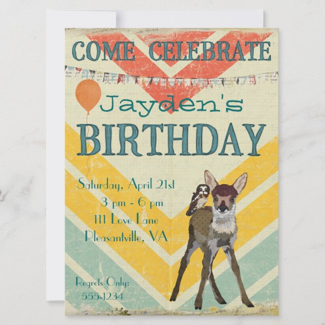 Fawn & Owl Chevron Birthday Invitation (Front)