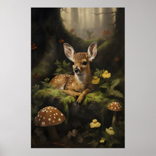 Fawn Print, Baby Deer In Dark Green Forest Poster