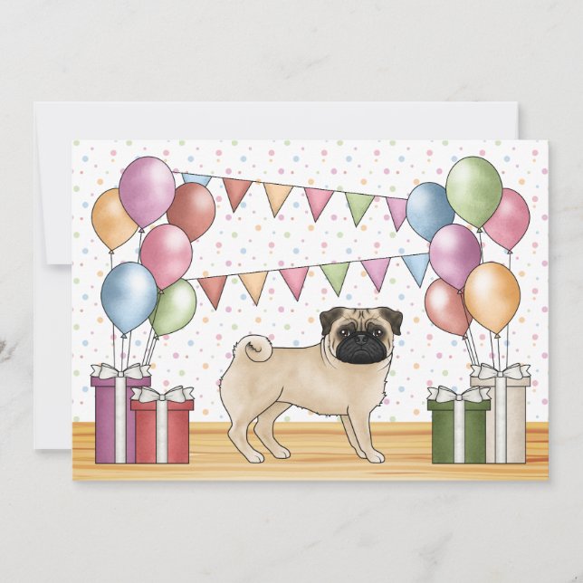 Fawn Pug Cartoon Dog Colourful Pastels Birthday Invitation (Front)