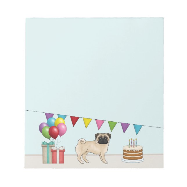 Fawn Pug Cute Cartoon Dog Colourful Birthday Notepad (Front)