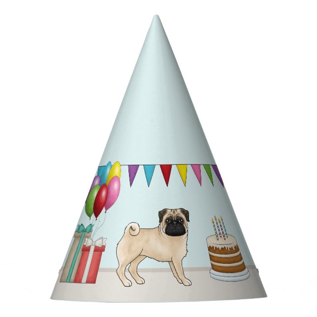 Fawn Pug Cute Cartoon Dog Colourful Birthday Party Hat (Front)