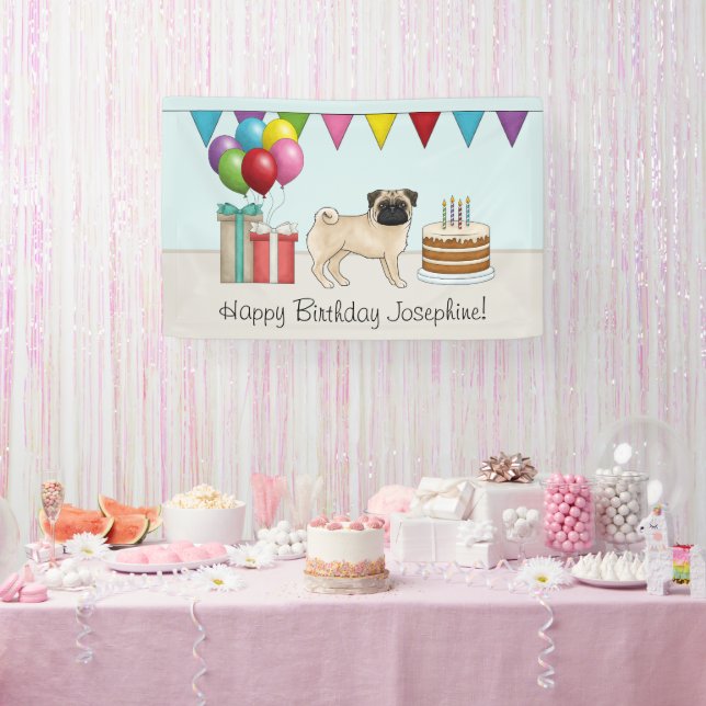 Fawn Pug Cute Cartoon Dog Colourful Happy Birthday Banner (Party)